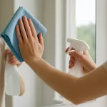 Fläckfria speglar och glasytor – spegel som putsas med mikrofiberduk i dagsljus